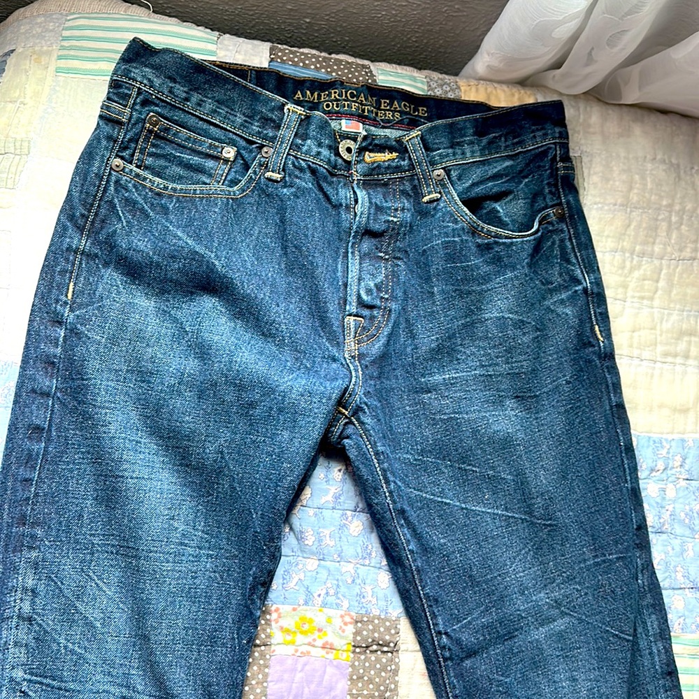 American eagle slim straight men’s blue jeans …. Button fly.